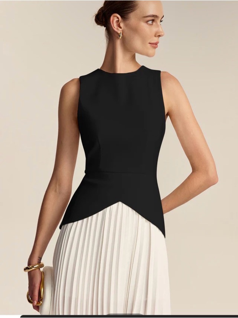 Commense Black & White Sleeveless Peplum Midi Dress with Pleated Skirt